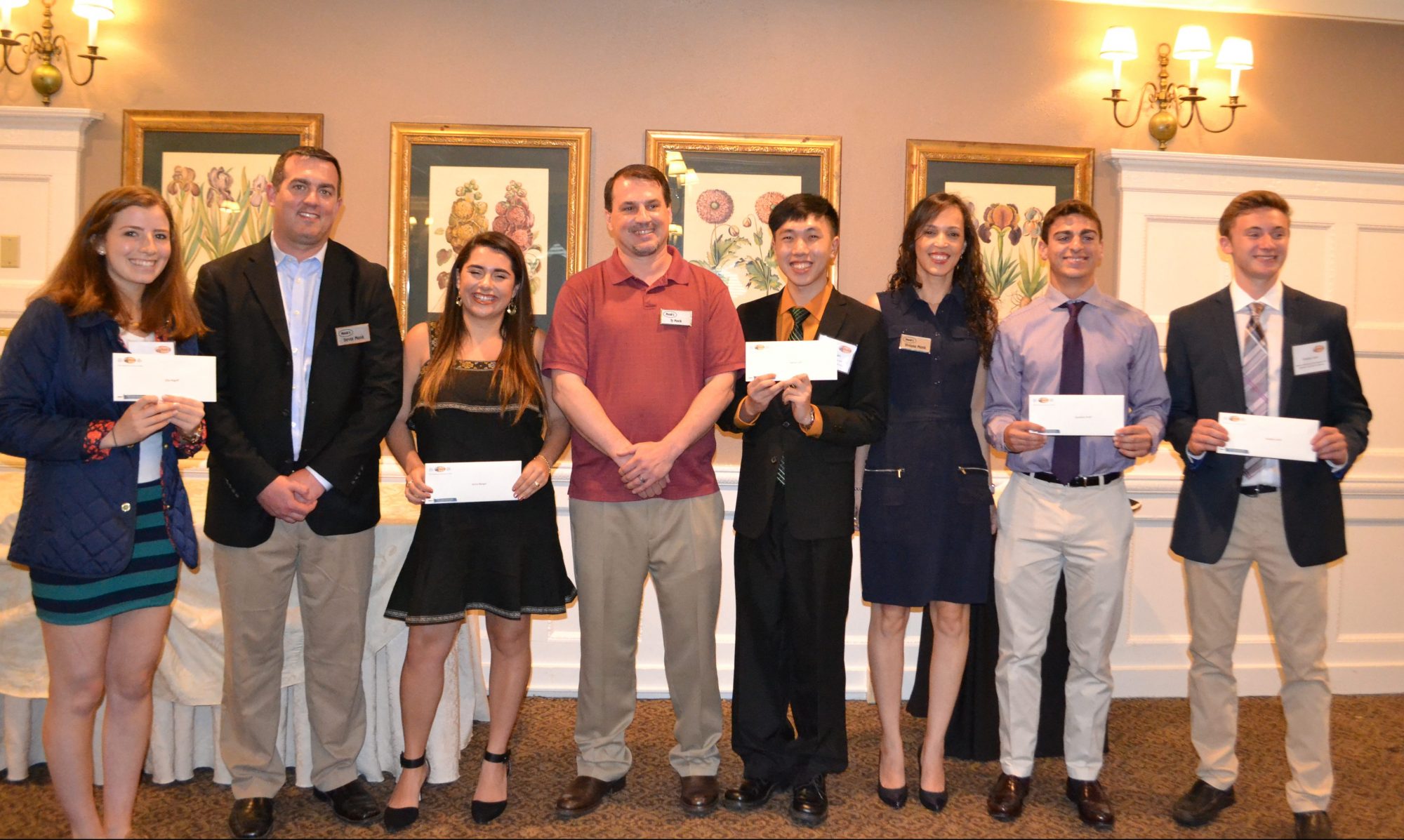 Monk's Service Scholarship Winners 2017. From left: Ellie Rogoff, Trevor Monk, Jenna Berger, Ty Monk, Adrian Lam, Viviane Monk, Jonathan Kraft and Brad Levin.