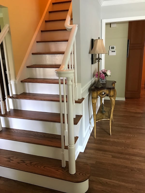 Railing and Spindles Painted White, Dark Stain on Treads