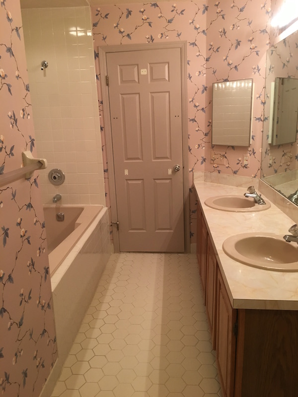 Vanity with Angled Corner Top, Mauve Sinks, Door and Tub