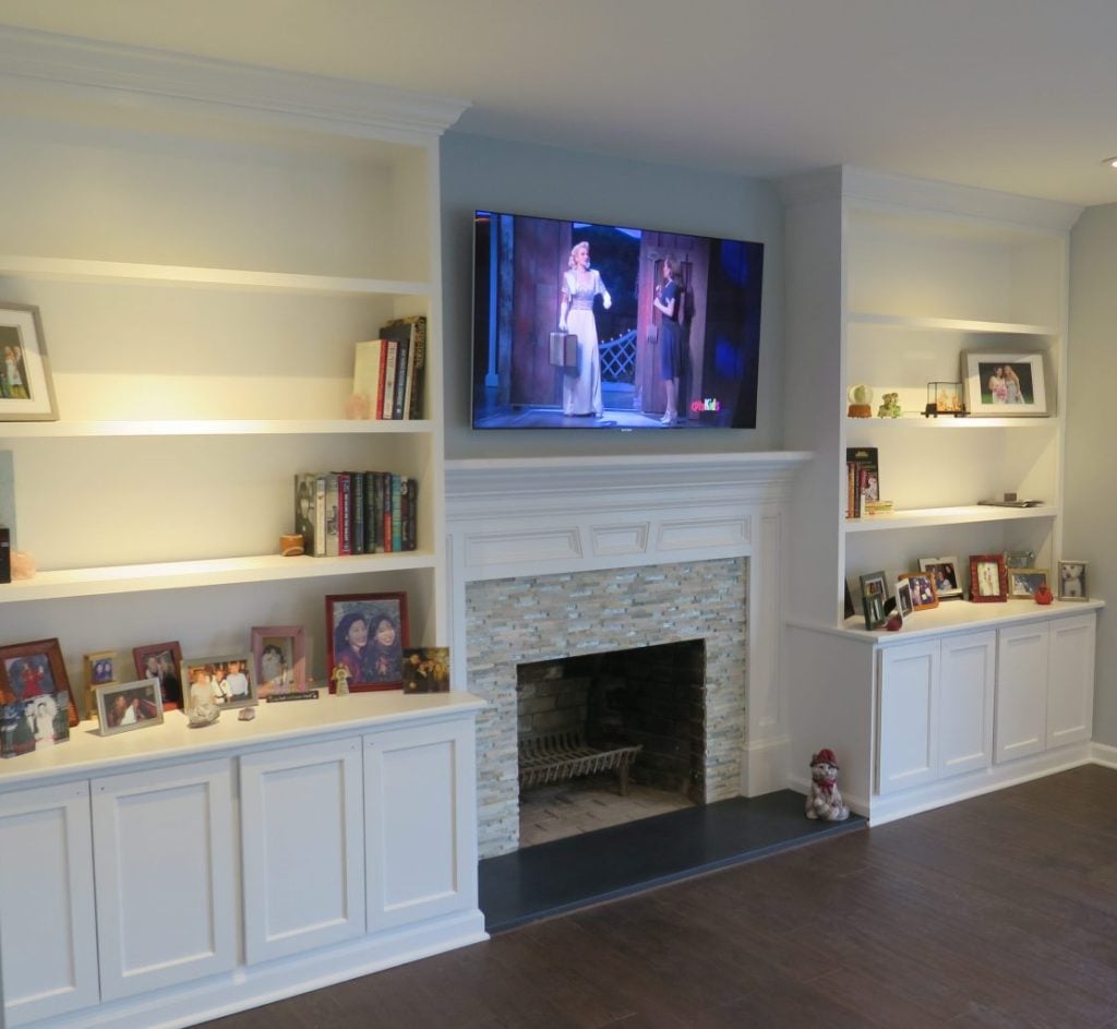 Bookshelves, Tiled Fireplace, New Mantel