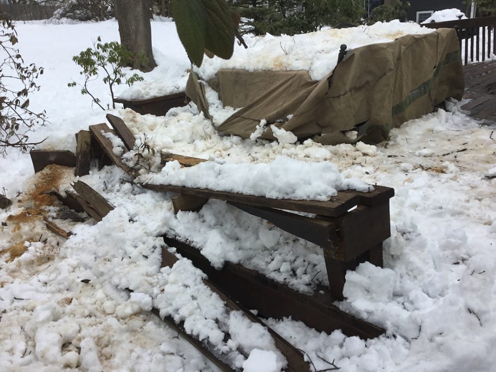 Destroyed Bench and Deck From Fallen Tree