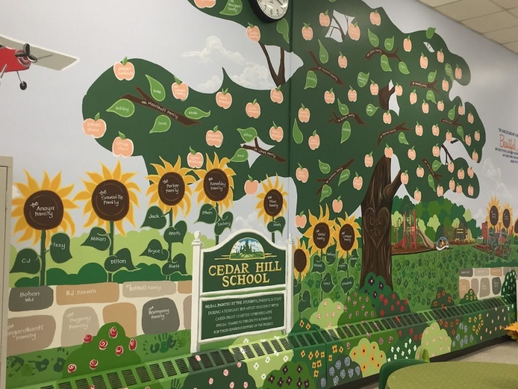 Sunflowers and Trees with Cedar Hill School signage