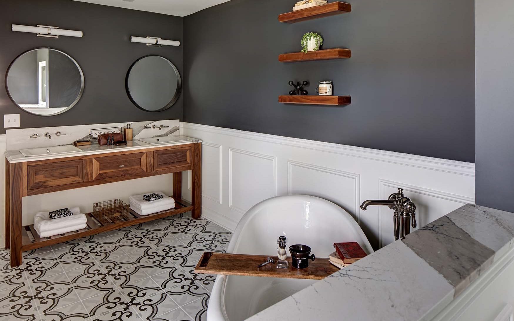 Double vanity and floating shelves