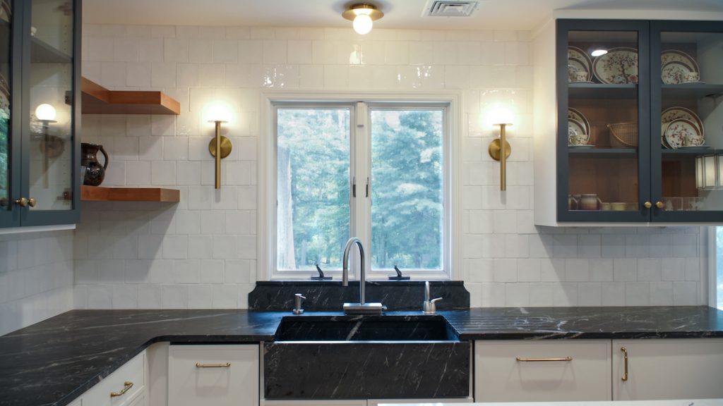 Soapstone countertops and matching farmhouse sink